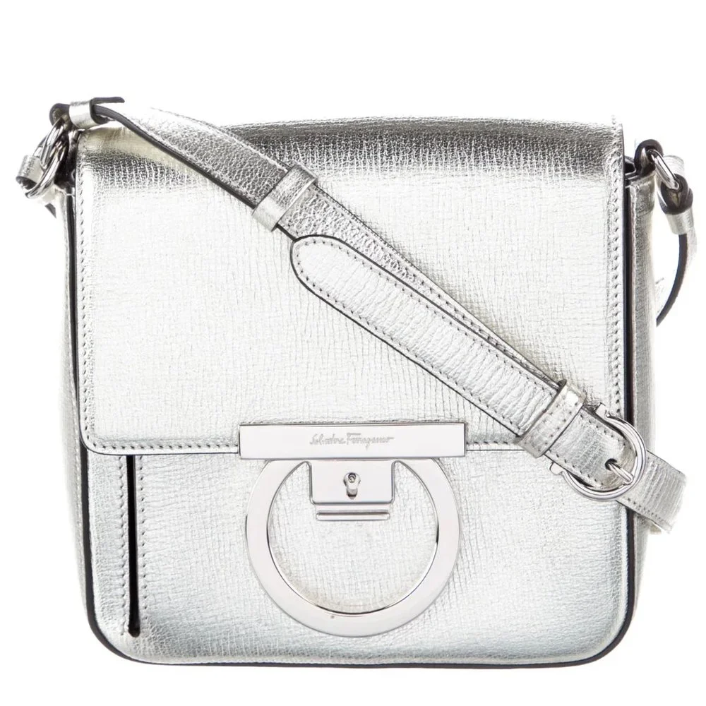 Salvatore Ferragamo Metallic Silver Leather Shoulder Grancini Flap Mini …